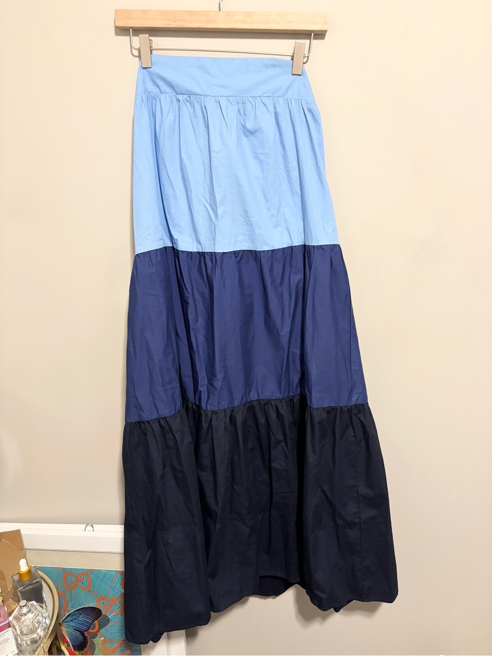 Moon River Strapless Maxi Dress Blue Colorblock Cotton S